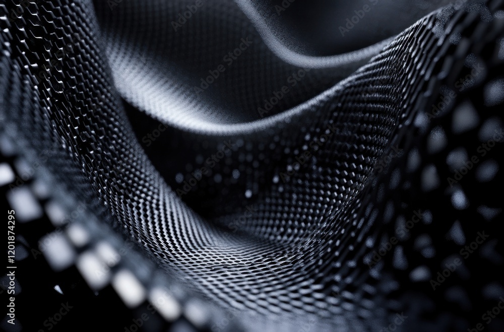 Poster close-up view of intricate textured fabric in black, showcasing unique patterns and smooth waves, id