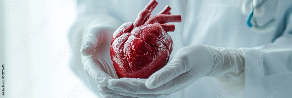 Aufkleber realistic anatomical heart held gently in gloved hands in a clinical setting during daylight hours. 