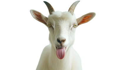 Obraz premium A playful goat sticking its tongue out, showcasing its lively personality. Perfect for nature lovers and animal enthusiasts. Captured in high detail.