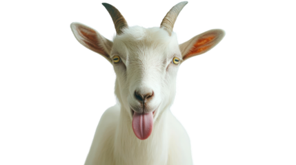 A playful goat sticking its tongue out, showcasing its lively personality. Perfect for nature lovers and animal enthusiasts. Captured in high detail.