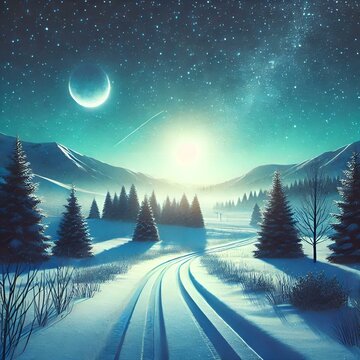 Snowy winter landscape at night, illuminated by soft moonlight, with frost-covered trees and a calm, icy atmosphere. Verschneite Winterlandschaft bei Nacht, beleuchtet von sanftem Mondlicht.