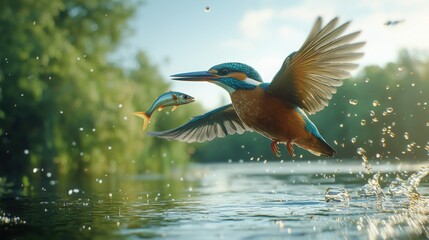Fototapeta premium Kingfisher hunting fish over water with splash effects in the background Generated AI