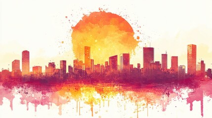 Fototapeta premium Vibrant City Skyline at Sunset with Splashes of Color and Light