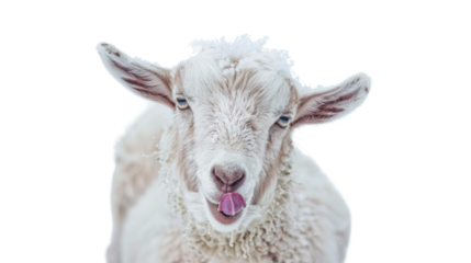 A playful young sheep sticking its tongue out, showcasing its fluffy wool and curious expression. Perfect for animal lovers and farm themes.