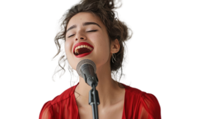 A young woman passionately singing into a microphone, radiating joy and energy. Her vibrant red dress enhances the emotional atmosphere of the performance.