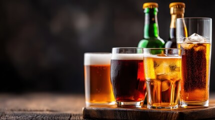 A collection of chilled beverages including beer and soda, capturing a refreshing and relaxed atmosphere with glasses and ice on a rustic wooden surface.