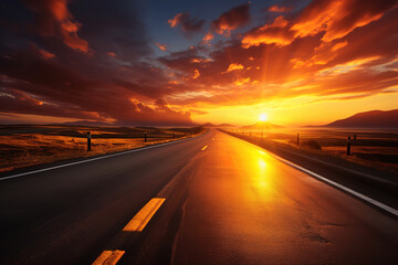 Fototapeta premium Stunning sunset colors reflecting on an empty road at dusk