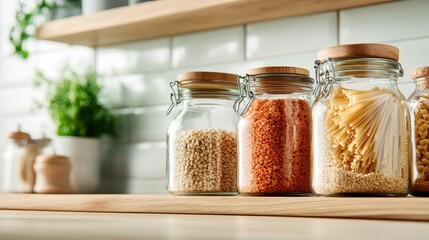 A kitchen shelf featuring neatly arranged glass jars containing various grains and dried foods, illustrating a modern, organized, and tidy culinary environment.