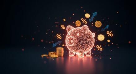 Savings concept featuring glowing piggy bank and financial symbols, emphasizing economic growth and wealth management in futuristic high-tech design