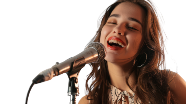 A joyful young woman passionately singing into a microphone, showcasing her talent and enthusiasm for music in an inspiring performance. - Powered by Adobe