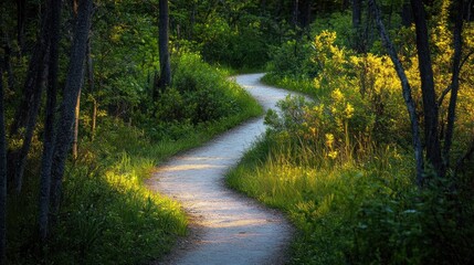 Naklejka premium Winding Path through a Lush Green Forest at Sunrise with Beautiful Sunlight