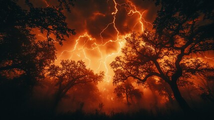 Lightning storm over dark forest at night. Dramatic nature scene, ideal for fantasy or horror
