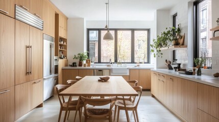 A Scandinavian-style kitchen with clean lines, light wood cabinetry, and an inviting dining area, emphasizing functionality and a warm, welcoming atmosphere.