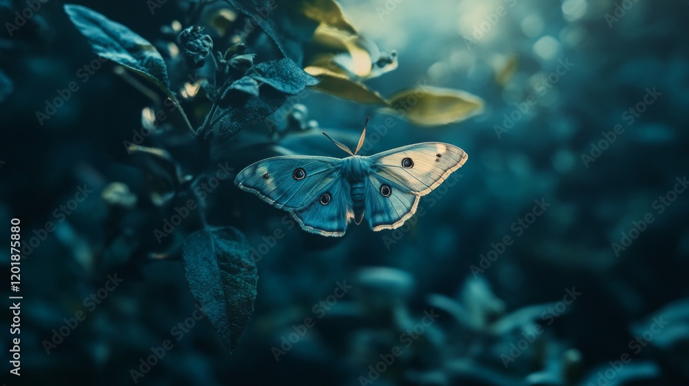 Poster a serene garden setting featuring a moth resting on a leaf at dusk, capturing the calm atmosphere an