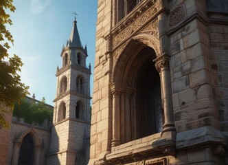 Obraz premium A sturdy bell tower dominates the scene, with intricate carvings and ornate stonework adorning its exterior walls in a mix of medieval and Gothic styles , medieval, Gothic revival