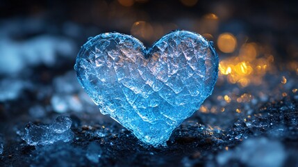 Obraz premium A cracked ice heart glowing softly in blue and white