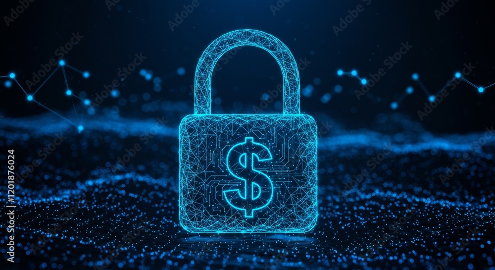 Poster digital lock with dollar symbol highlighting financial security and data protection in glowing tech 