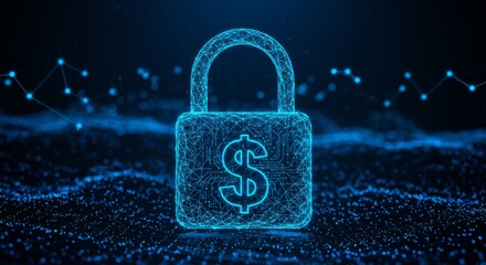 Digital lock with dollar symbol highlighting financial security and data protection in glowing tech wireframe style for fintech and cyber protection concept