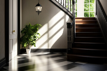 Obraz premium Cozy Sunlit Interior with Greenery and staircase