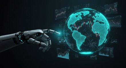 Robotic hand interacting with global data analytics visualization featuring futuristic globe and digital graph for technology innovation and worldwide investment tracking