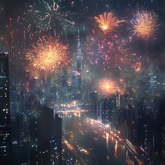 Fireworks Over City Skyline At Night