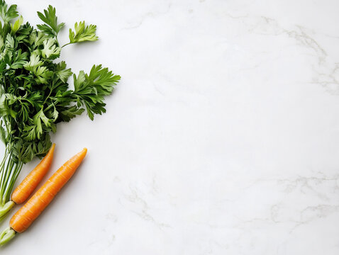 Fresh Carrots and Parsley on Marble Background: Minimalist Vegetable Photography