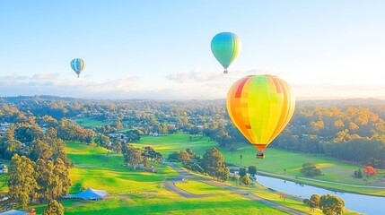 Fototapeta premium Hot air balloons gracefully soar over picturesque golf course serene escape