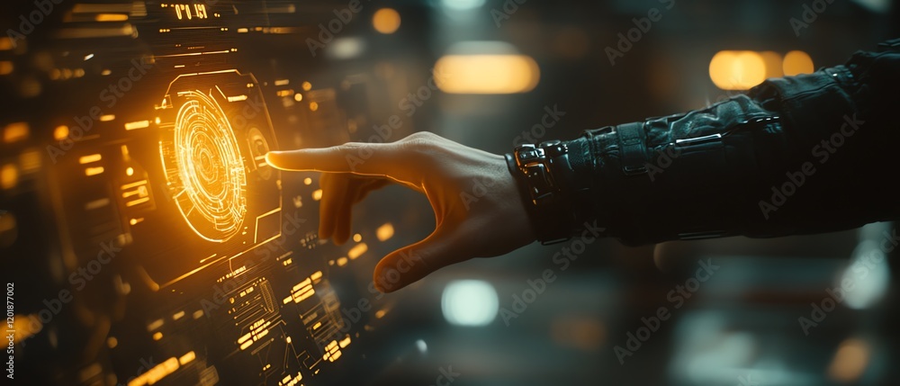 Poster closeup of a hand interacting with a dynamic digital display, showing data icons and alerts, glowing