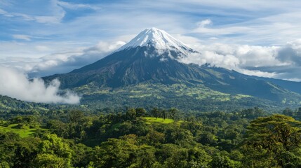 Naklejka premium Majestic snow-capped volcano surrounded by lush green rainforest under a cloudy blue sky
