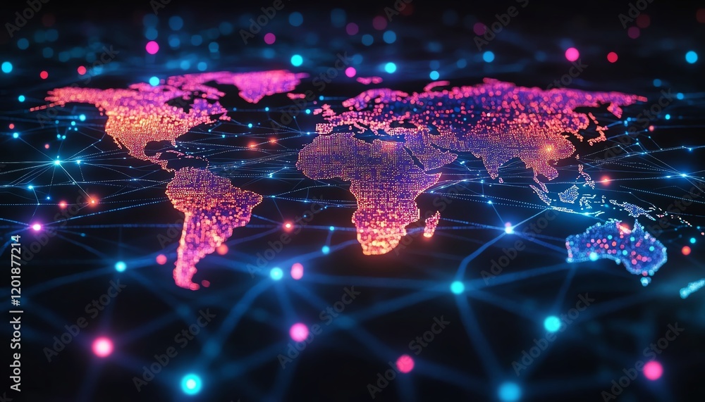 Poster digital world map glowing with interactive global network connections, neon lines representing fast 