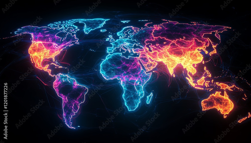 Poster digital world map glowing with interactive global network connections, neon lines representing fast 