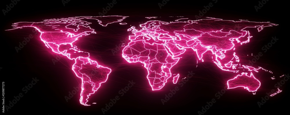 Poster digital world map glowing with vibrant connections, highlighting global network and data flow betwee