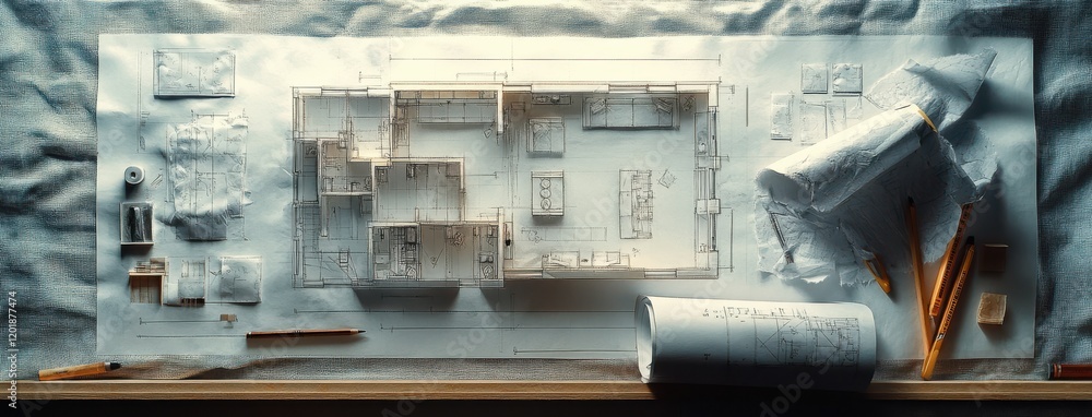 Poster detailed architectural model and blueprint on work table with pencils, digital tablet, and scale mod