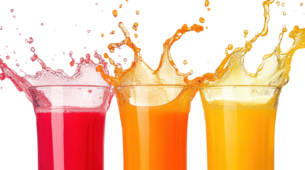 A vibrant collection of colorful juices splashing in glasses, showcasing the refreshing and lively essence of beverages perfect for summer enjoyment.