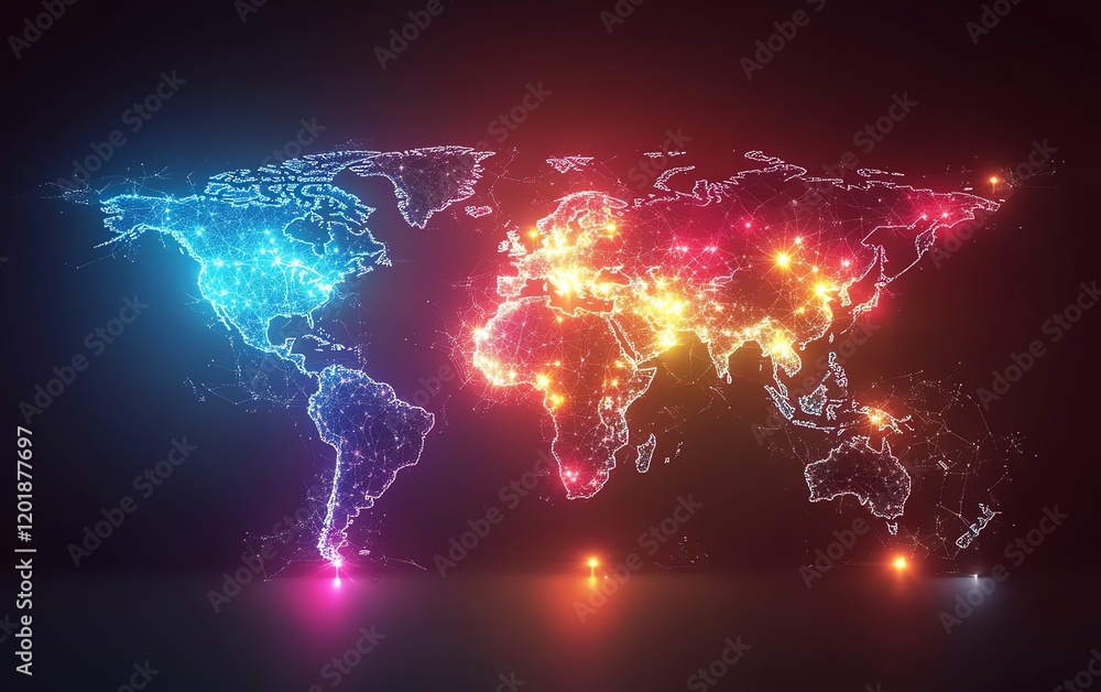 Poster futuristic world map glowing with interconnected network lines, highlighting global communication an
