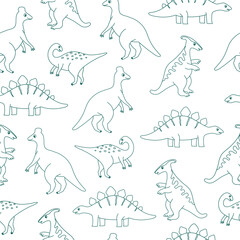 Seamless pattern with cute outline dinosaurs on white background. Template for print, fabric, wallpaper, wrapping paper