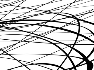 Black tangled thread background. Vector illustration of abstract circular pen strokes, on white background. Hand drawn tangled scribbles. Isolated vector illustration on white background.