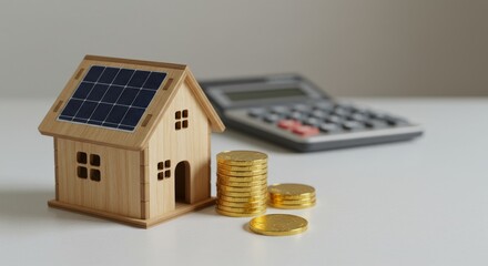 Wooden house model with solar panel on roof and stacked coins symbolizing renewable energy efficiency and sustainable investment concept for eco-friendly home