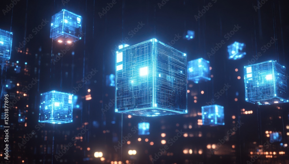 Aufkleber Digital network of luminous data cubes floating in a futuristic cityscape, showcasing advanced technology and virtual connection in a cybernetic environment.