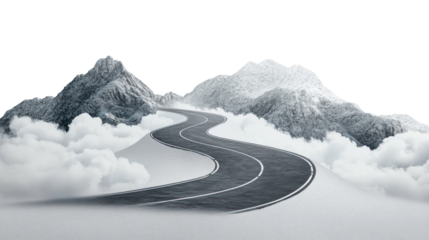 A winding road leads through majestic mountains and fluffy clouds, creating a serene and dreamlike atmosphere. Perfect for travel and adventure themes.