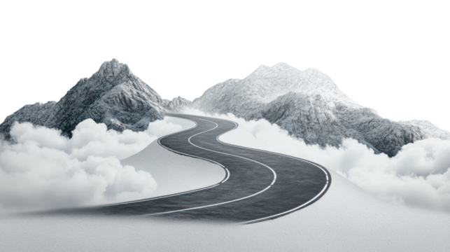 A winding road leads through majestic mountains and fluffy clouds, creating a serene and dreamlike atmosphere. Perfect for travel and adventure themes.