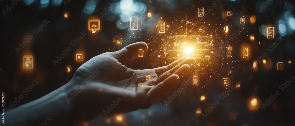 Poster human hand interacting with a digital interface full of data icons and live alerts