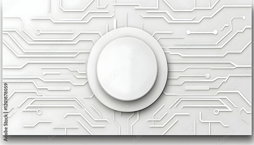 Poster abstract white technological background with circuit board design and central circular element, idea
