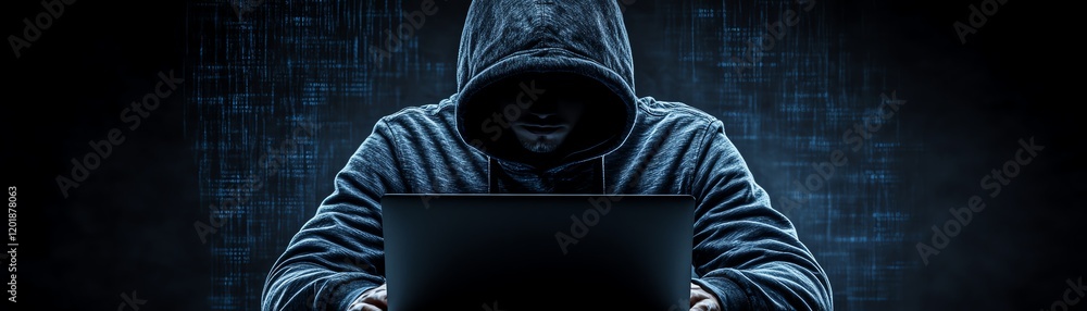 Poster mysterious hacker in a hoodie with a concealed face, typing on a laptop in a dimly lit room, digital