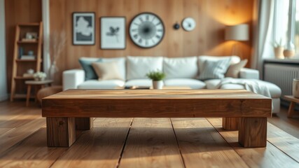 Wooden coffee table with a blurred background of a living room with a white sofa, a bookshelf, and wall decor