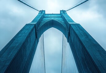 Fototapeta premium Dramatic View of a Massive Suspension Bridge Towering Above with Cloudy Skies and a Sinister Blue Hue, Capturing the Architectural Marvel from Below in Low Perspective