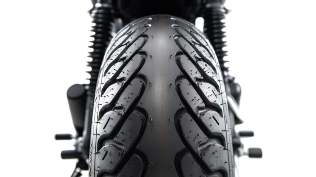 Close-up of a motorcycle tire with a detailed tread pattern. The image captures the raw power and design of modern bikes, ideal for automotive enthusiasts.