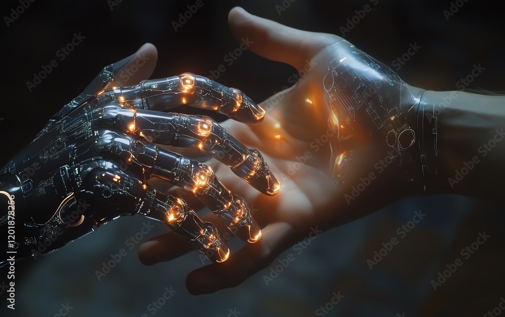 Aufkleber robot and human hands extending toward each other in a symbolic gesture of technology collaboration