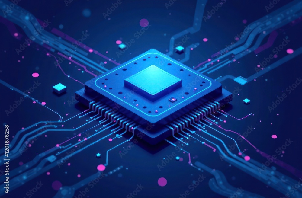Poster abstract processor, computer digital chip, printed circuit board. artificial intelligence. dark blue
