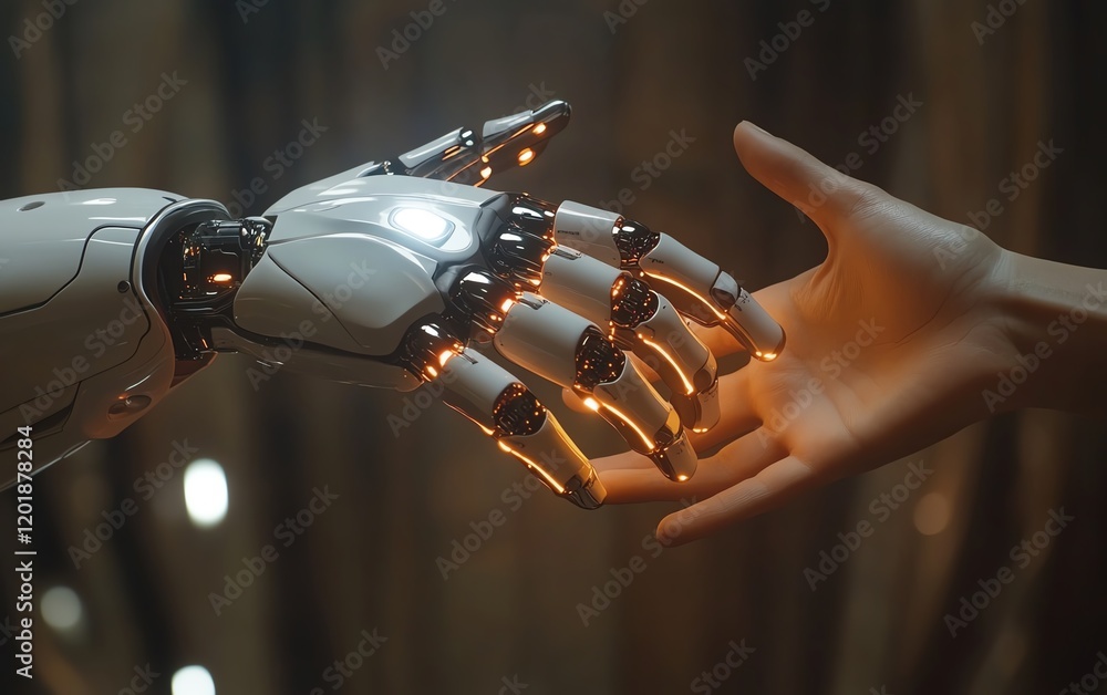 Poster robot and human hands extending toward each other in a symbolic gesture of technology collaboration